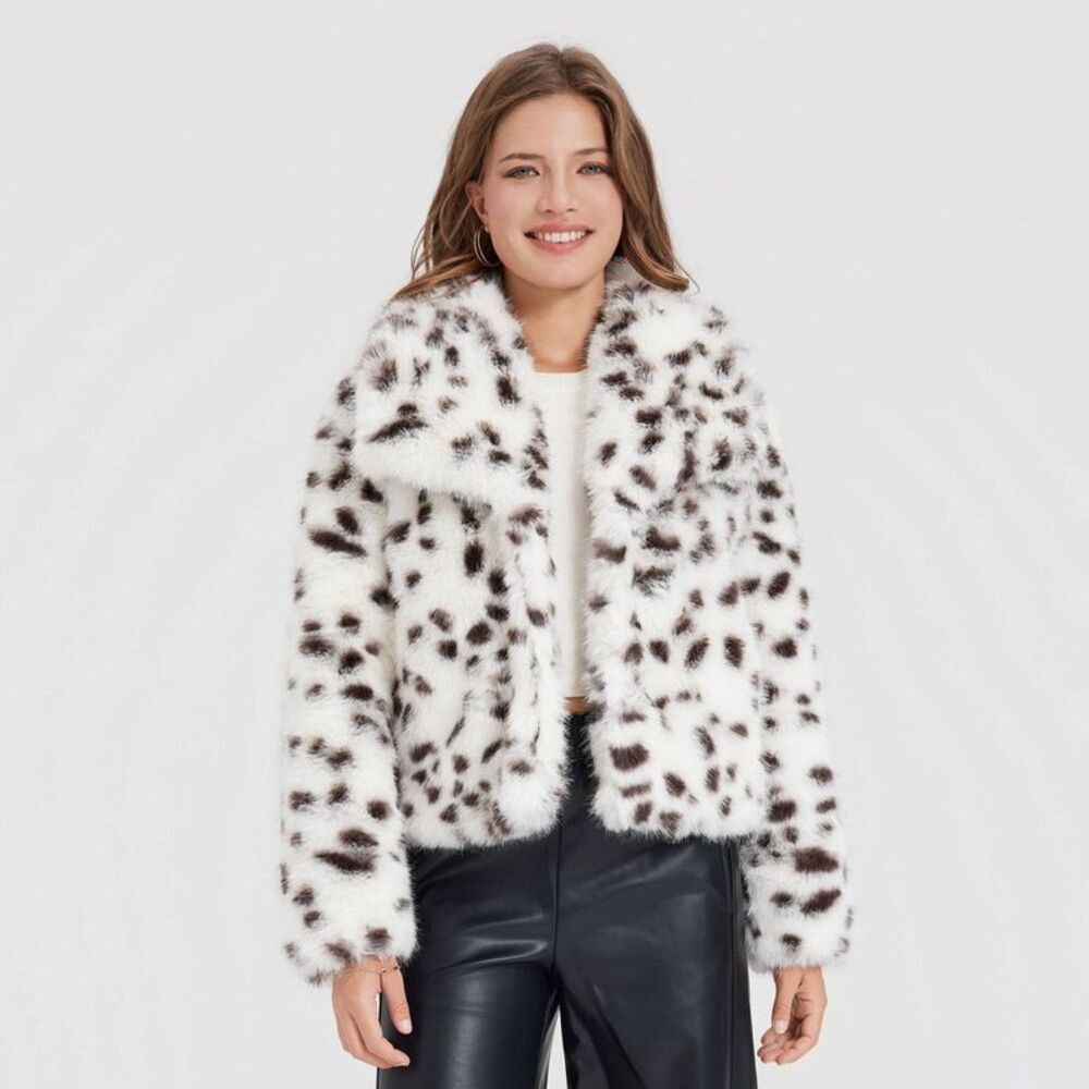 Women's Cropped Faux Fur Jacket - A New Day Black/White Polka Dots M